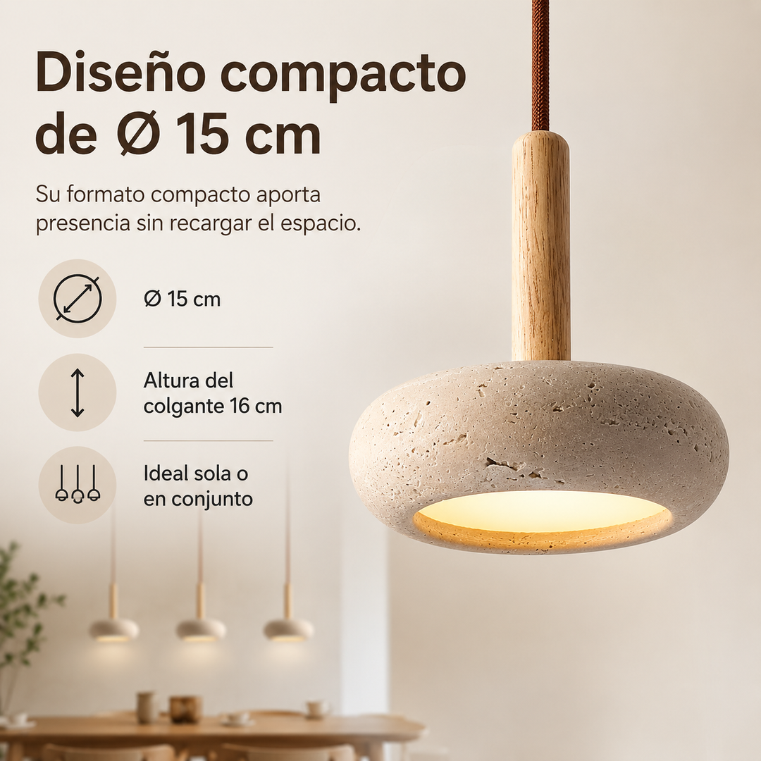 Iluminación colgante japonesa LED de piedra y madera, Ø 15cm, perfecta para ambiente natural y zen.