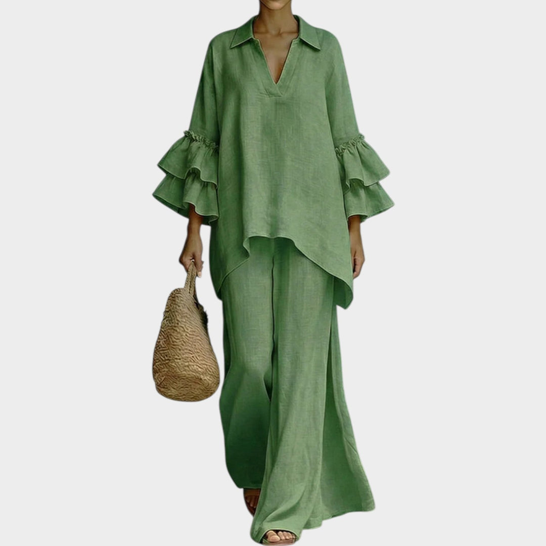 Moda femenina Leire: Conjunto elegante de dos piezas con top suelto y pantalón ancho. Estilo fluido y cómodo para verano casual.