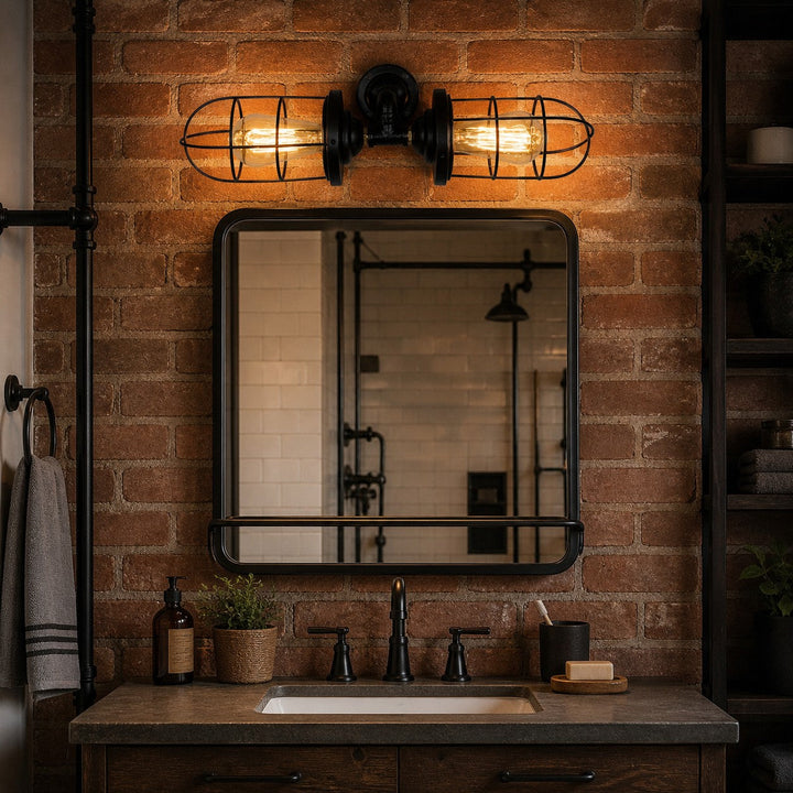 Aplique de pared doble industrial vintage de metal negro. Decoración e iluminación retro para interiores.