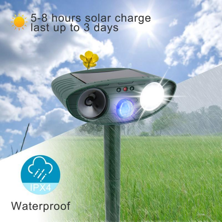 Ahuyentador de ciervos ultrasónico solar para jardín, instalación fácil y sin mantenimiento.
