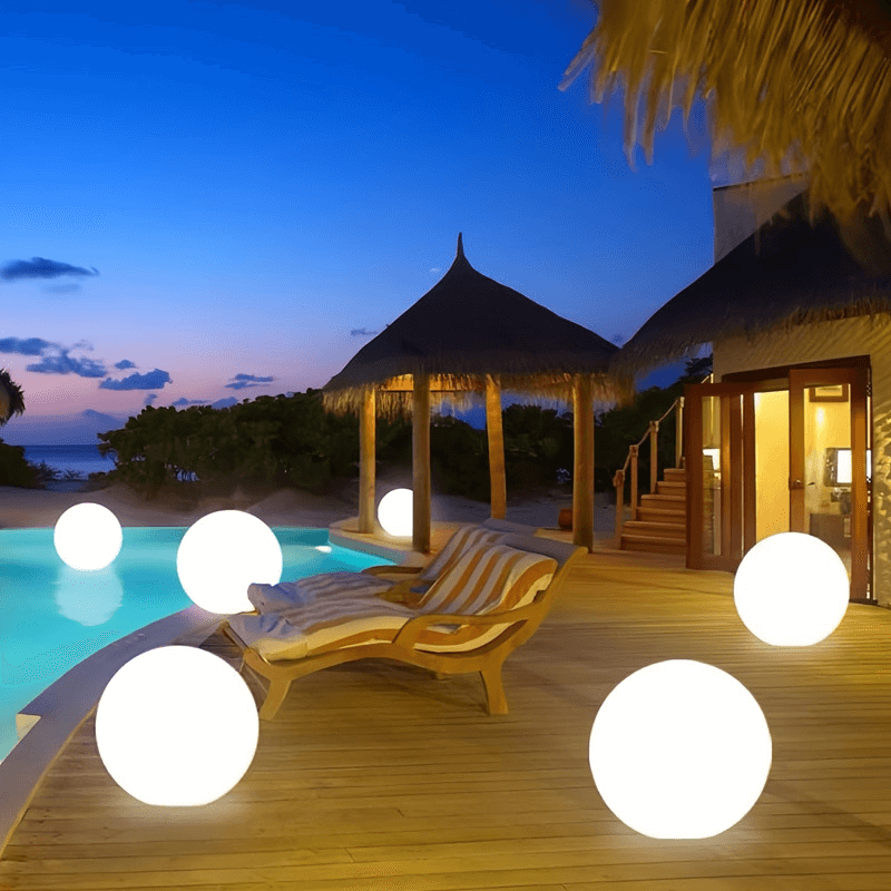 Lámpara solar automática esférica para jardín. Iluminación LED de ambiente para exterior.