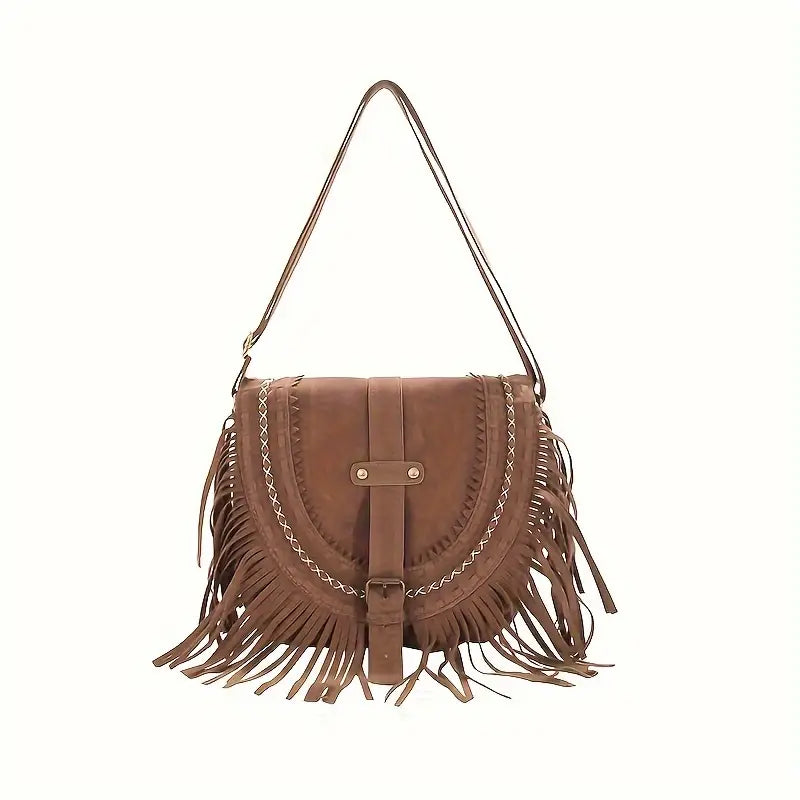 Bolso bohemio de ante para mujer, accesorio de moda chic y versátil.