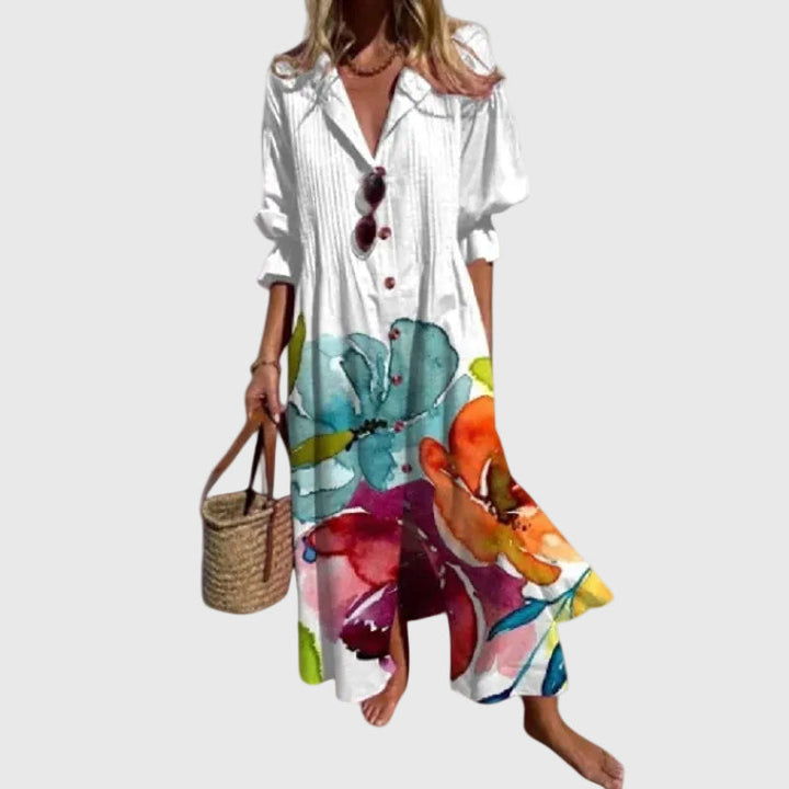 Vestido bohemio maxi fluido de mujer con estampado elegante, ideal para verano, moda casual y vacaciones.