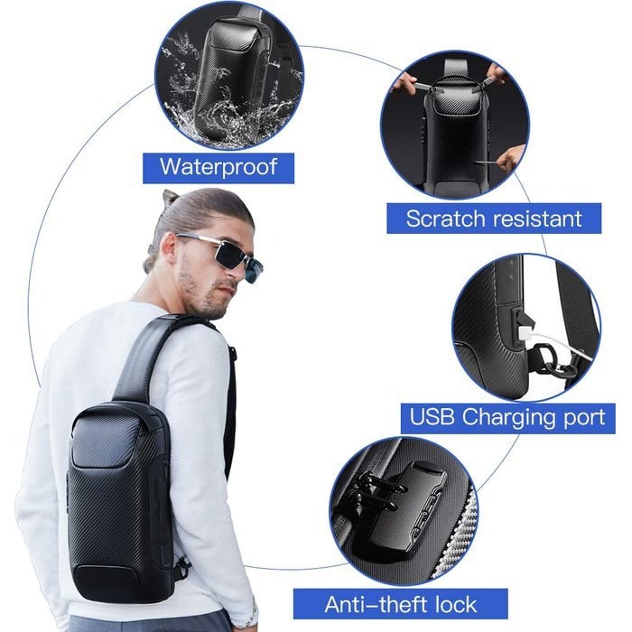 Mochila urbana compacta con puerto USB, ideal para seguridad y viajes.