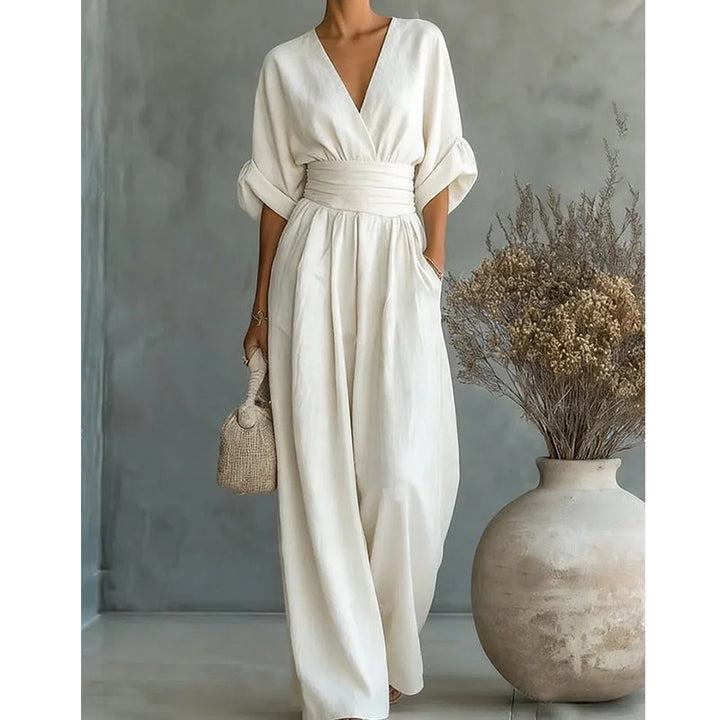 Mono de verano elegante para mujer, con un cómodo pantalón ancho y escote V, perfecto para salir.