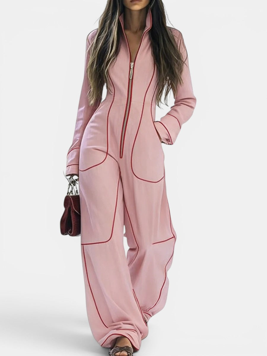 Mono de mujer elegante, manga larga, pierna ancha y cuello alto. Ideal para primavera y otoño.