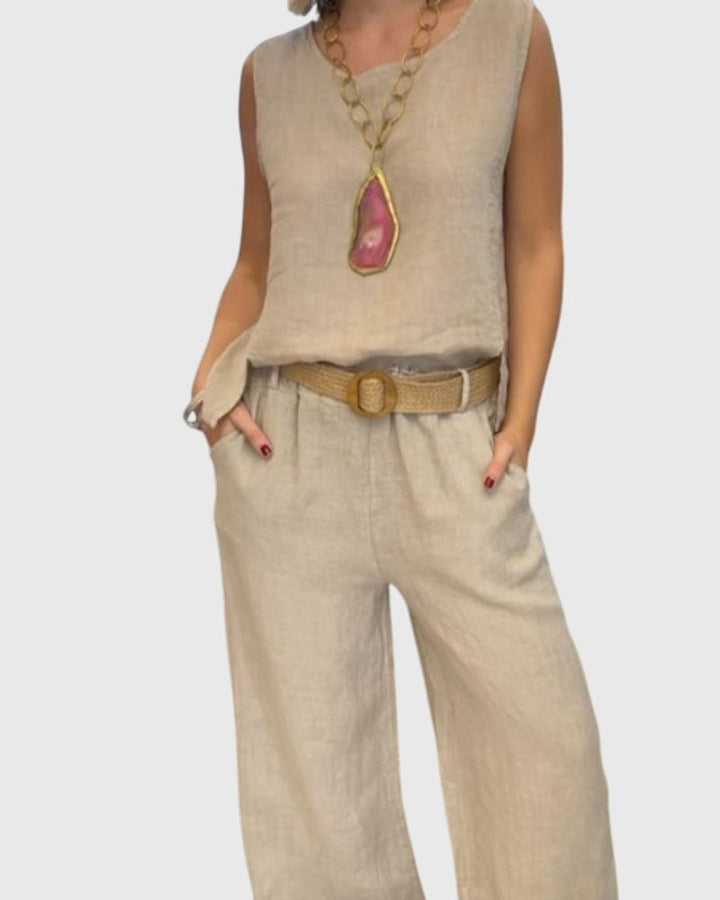 Conjunto bohemio de dos piezas para mujer, top fluido y pantalón ancho. Ideal para verano y vacaciones.