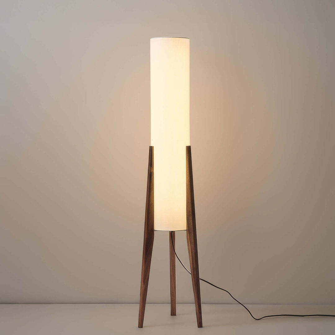 Iluminación de pie LED con estructura de madera sólida y pantalla de tela, luz cálida para el dormitorio.