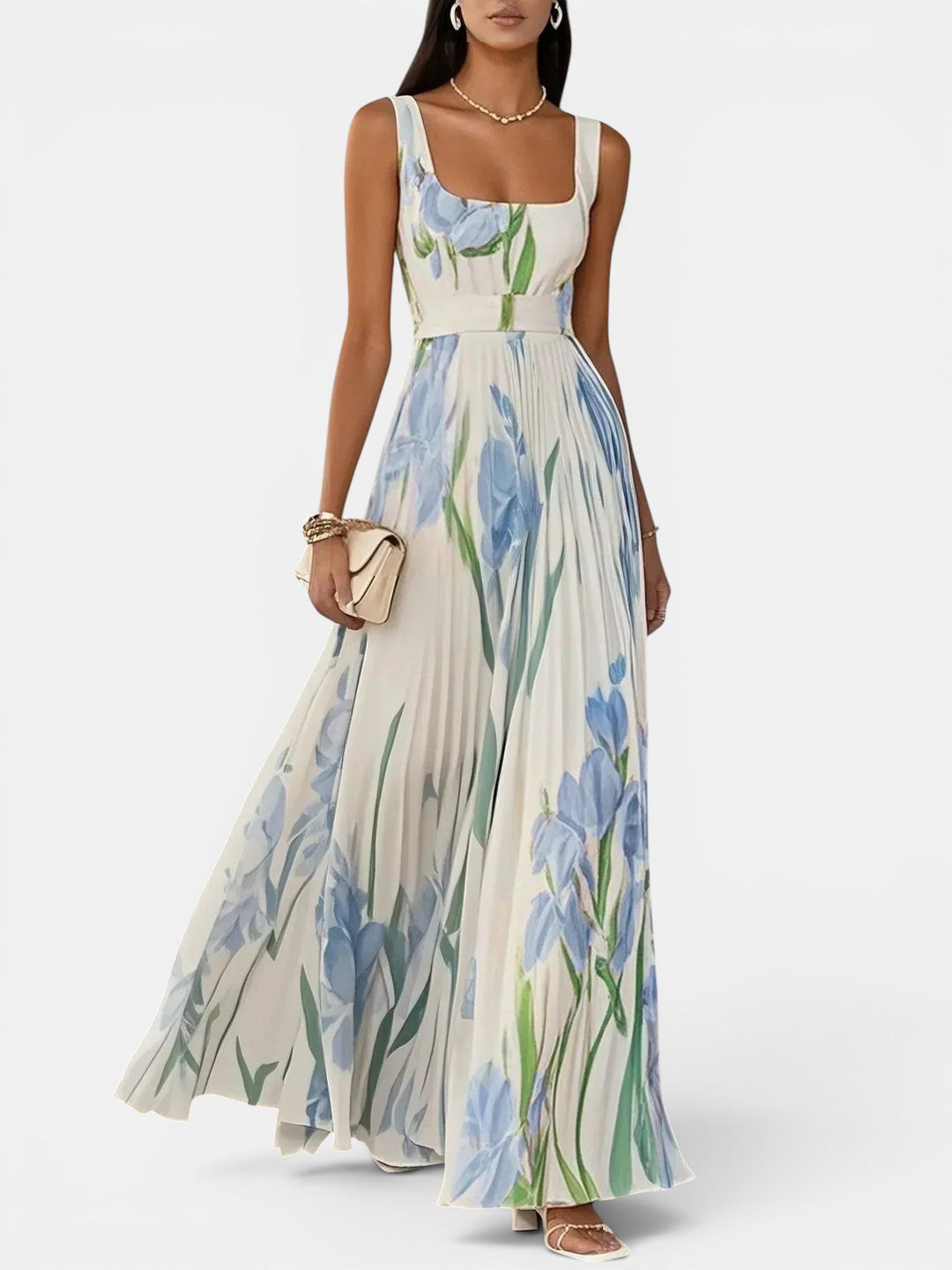 Vestido maxi fluido estampado floral boho para mujeres, perfecto para playa o casual.