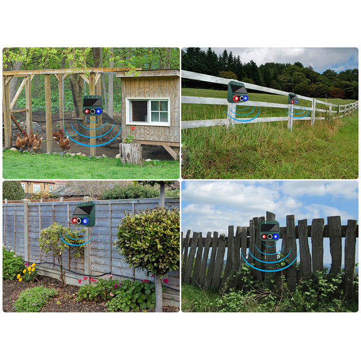 Protección de jardín anti-plagas con repelente ultrasónico solar. Silencioso, ecológico y seguro para el exterior.