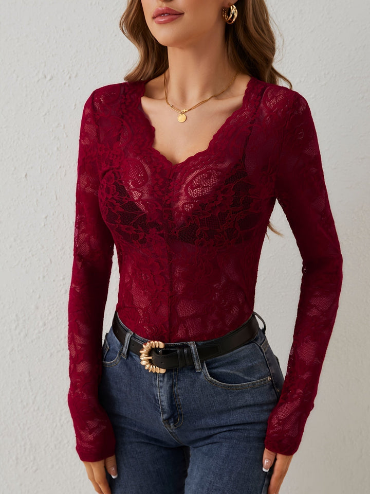 Body de encaje rojo para mujer, ajustado, manga larga, transparente. Ideal para fiestas o eventos especiales.