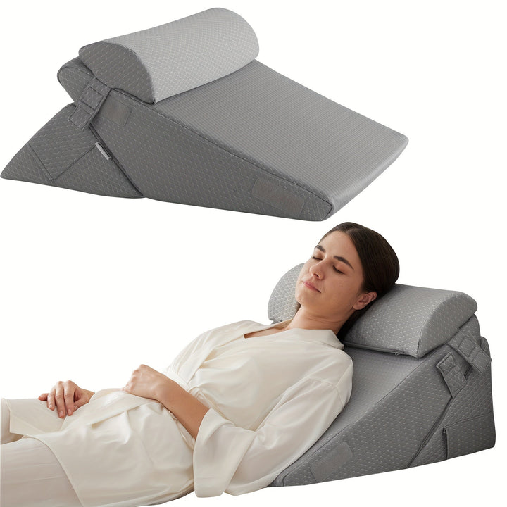 Descanso superior con cojín cuña de viscoelástica, ajustable. Alivia la espalda y piernas con confort en casa.