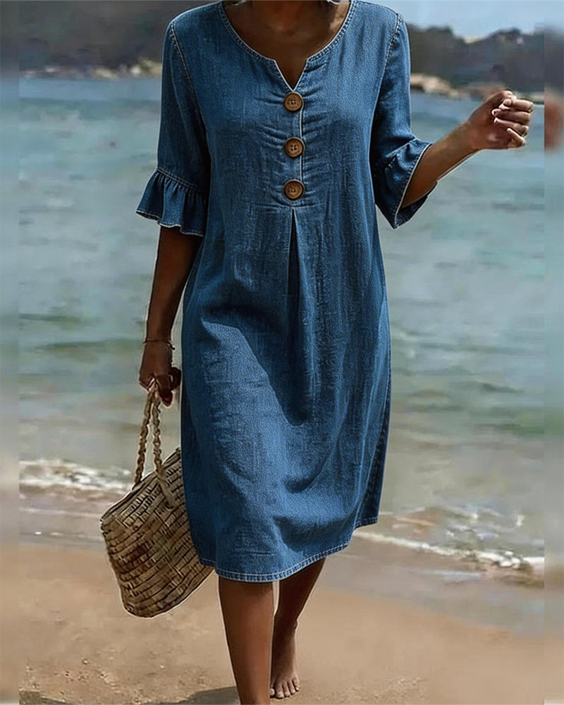 Vestido de verano fluido para mujer con elegantes mangas acampanadas. Ideal para un look casual y fresco.