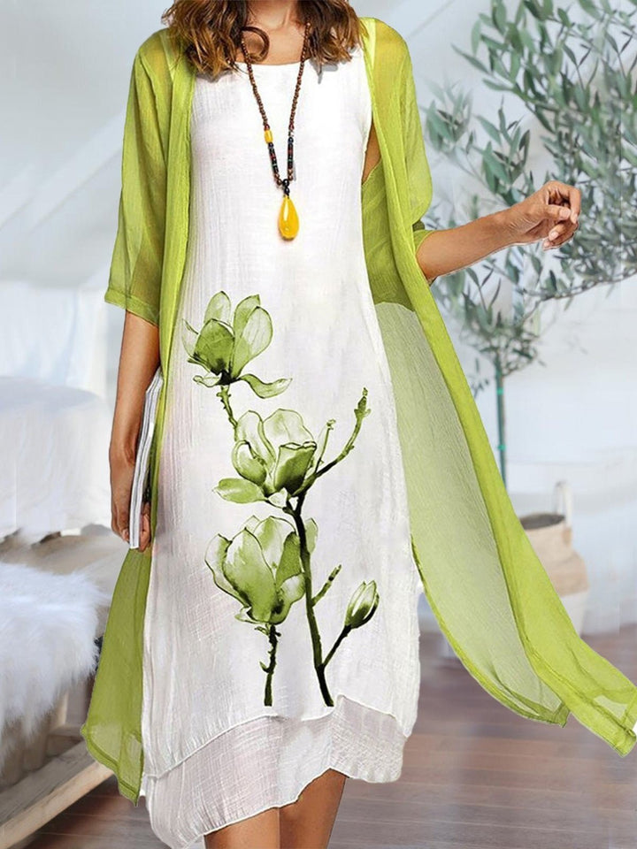 Conjunto de vestido midi y cárdigan para mujer, ideal para verano. Estilo elegante y cómodo.