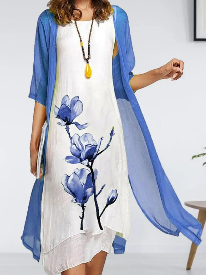 Conjunto fresco de vestido midi y cárdigan para mujer. Estilo cómodo y elegante, ideal para días de verano.
