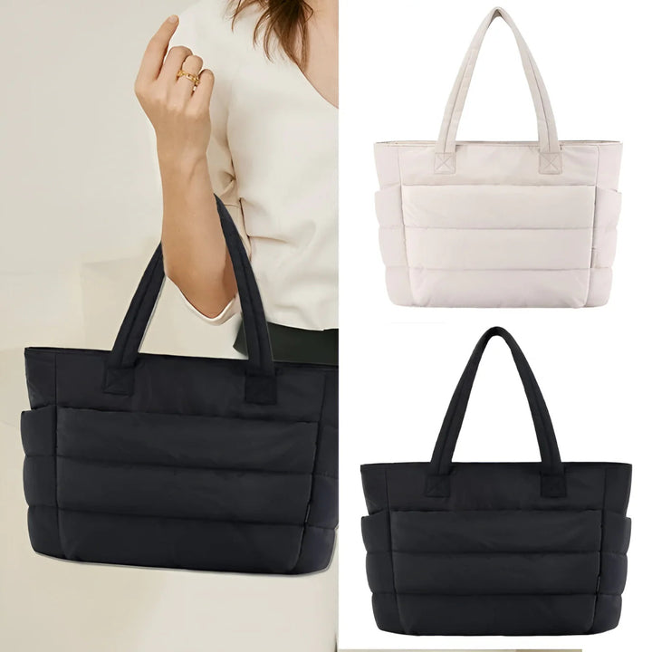 Bolso estilo puffer elegante para mujer, accesorio diario que combina moda y gran comodidad.