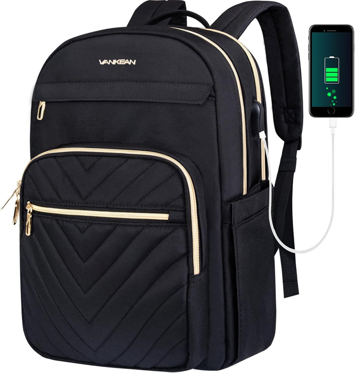 Mochila de laptop impermeable y ligera para mujer, ideal para viaje, trabajo o escolar, con puerto USB integrado.