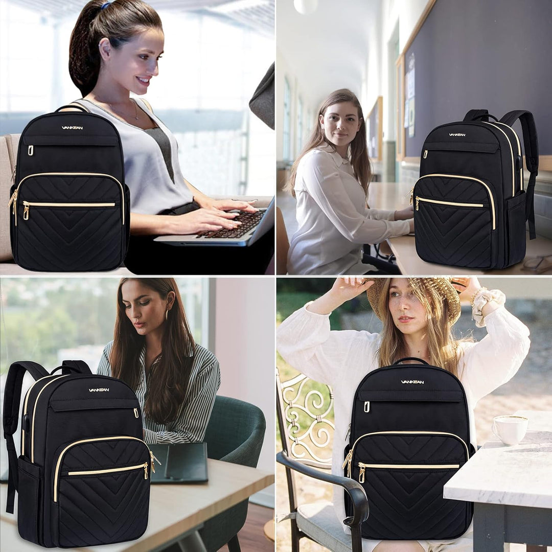 Mujer usando mochila de laptop impermeable, ligera y con USB. Perfecta para viajes, trabajo o estudios.
