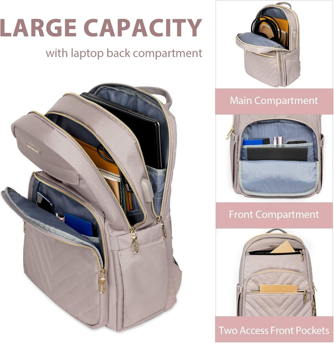 Mochila de viaje impermeable y ligera para laptop de mujer, con puerto USB. Cómoda y segura para tus aventuras.