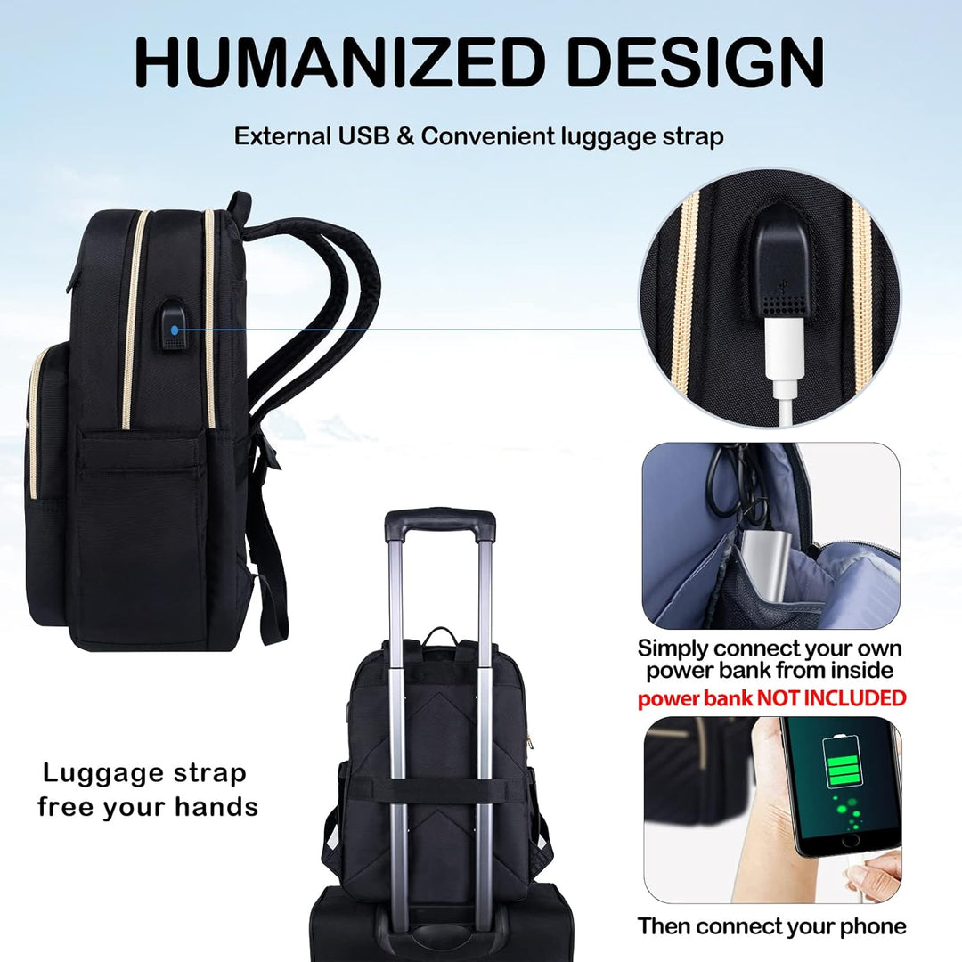 Mochila de laptop para mujer con compartimentos organizadores, impermeable y ligera, con USB para el día a día.