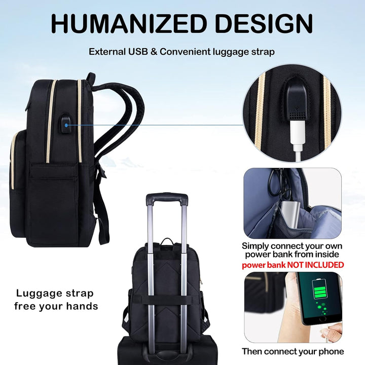 Mochila de laptop para mujer con compartimentos organizadores, impermeable y ligera, con USB para el día a día.