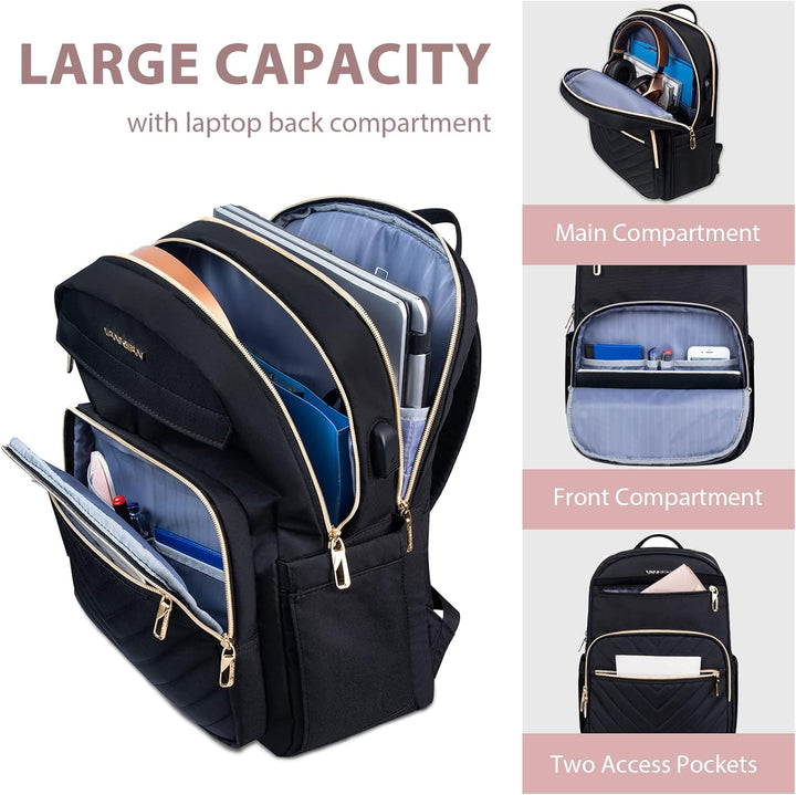 Mochila de laptop de mujer, tela impermeable y ligera, con diseño moderno y puerto de carga USB integrado.
