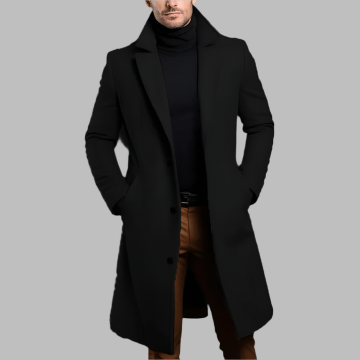 Abrigo largo elegante de hombre, lana, ideal para invierno, look formal o casual masculino.