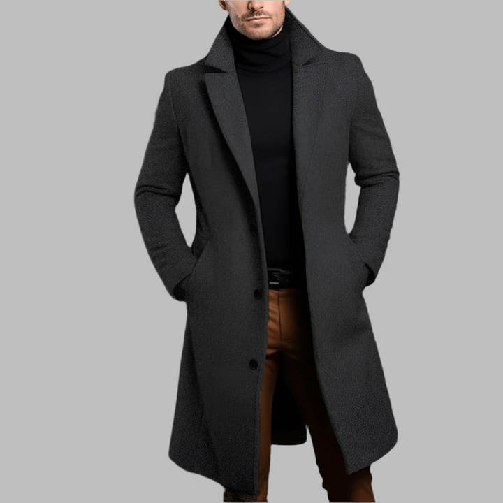 Abrigo de invierno largo y elegante para hombre, versátil para outfits formales o casuales.