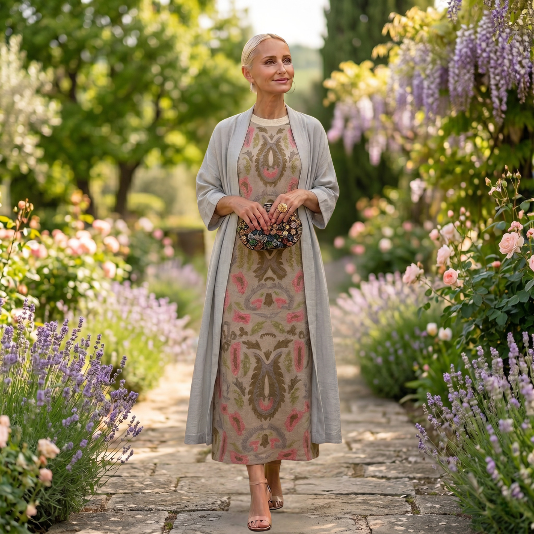 Set de vestir primavera-verano: vestido largo vibrante y chaleco elegante. Atuendo formal femenino.