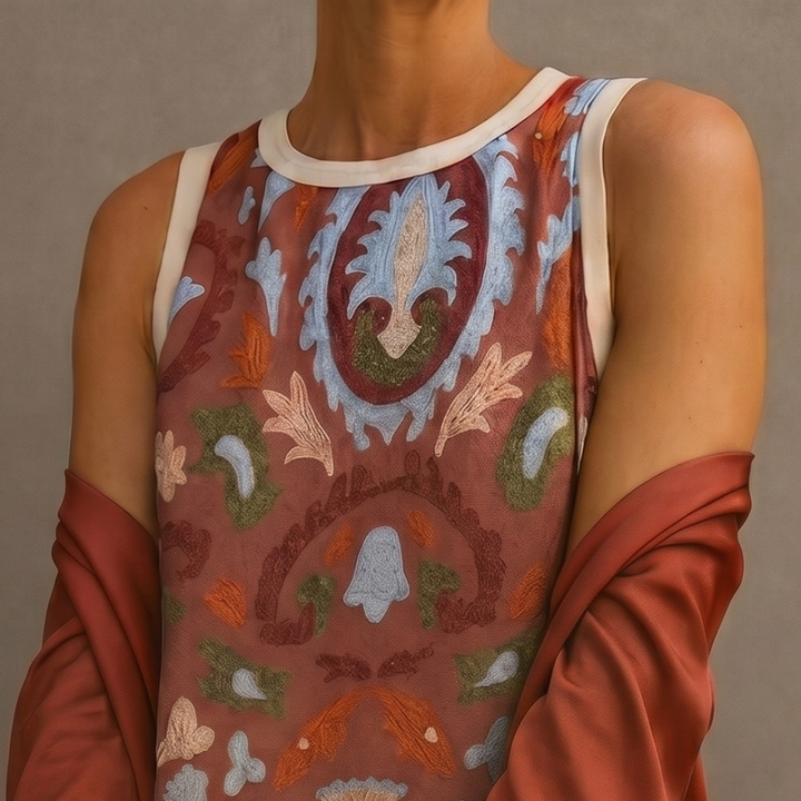 Moda femenina: vestido largo estampado y chaleco abierto. Set de vestir elegante y versátil para mujer.
