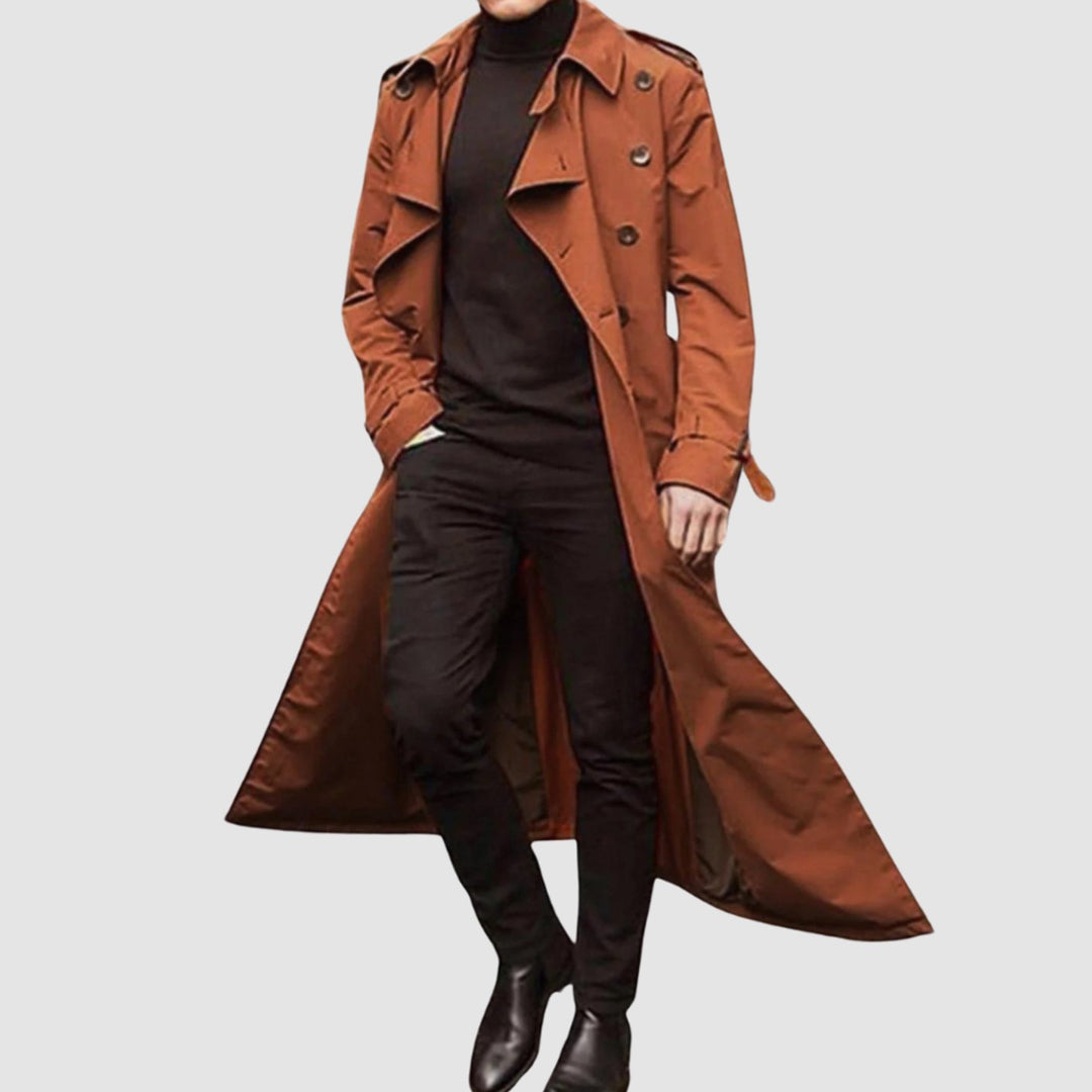Gabardina larga cruzada de hombre estilo vintage, abrigo clásico elegante para otoño y primavera.