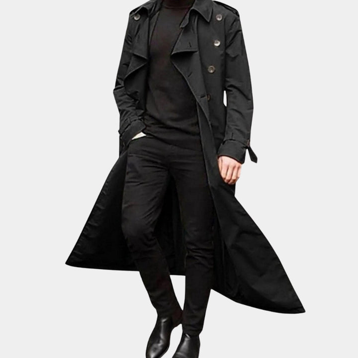 Gabardina larga vintage de hombre para entretiempo, diseño cruzado, abrigo clásico y elegante.