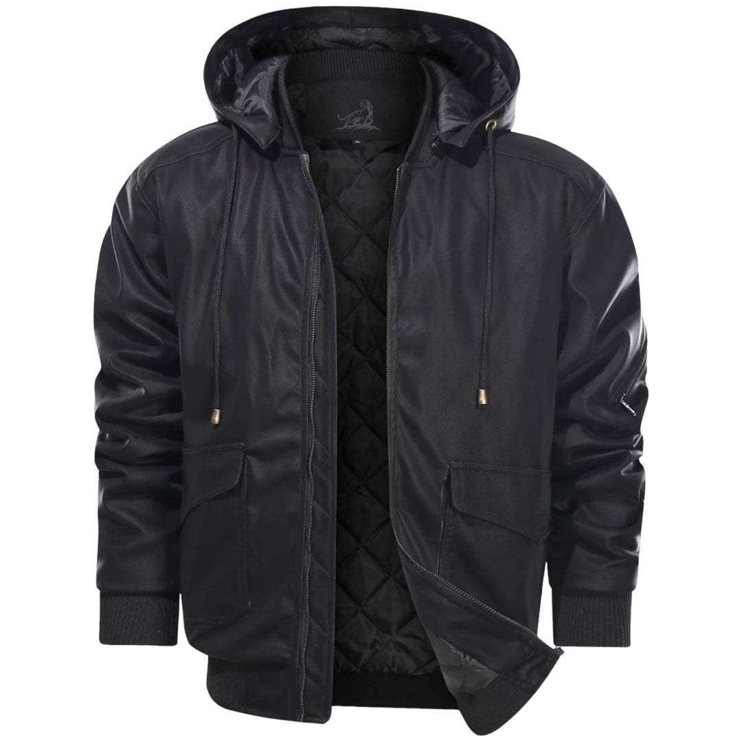 Modelo masculino vistiendo abrigo de invierno grueso, casual. Abrigo cálido con capucha para el frío.