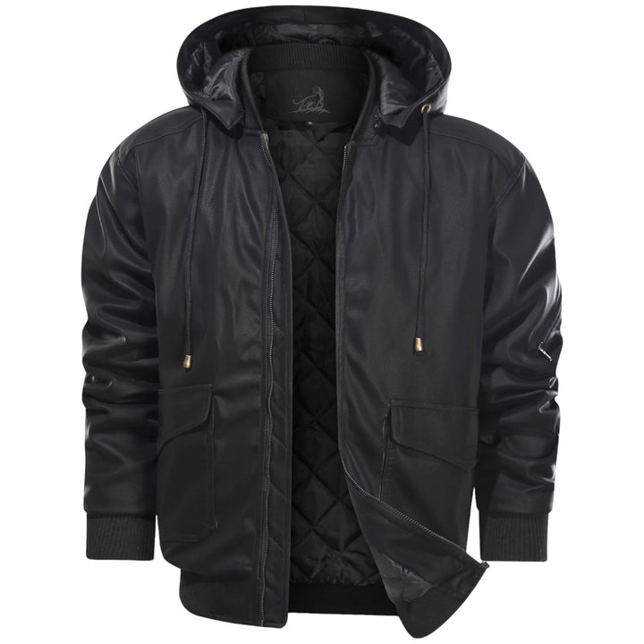 Modelo masculino vistiendo abrigo de invierno grueso, casual. Abrigo cálido con capucha para el frío.