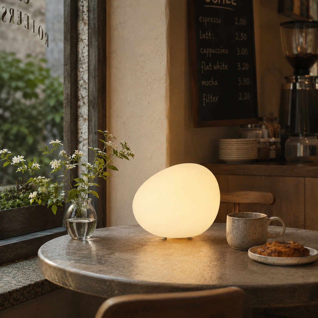 Lámpara de dormitorio LED 'Pebble' estilo escandinavo. Diseño moderno y luz cálida.