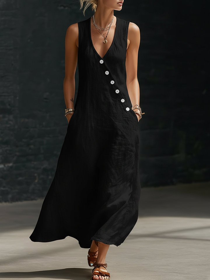 Vestido maxi ligero y fluido para mujer, con botones. Ideal para climas cálidos, elegante y cómodo.