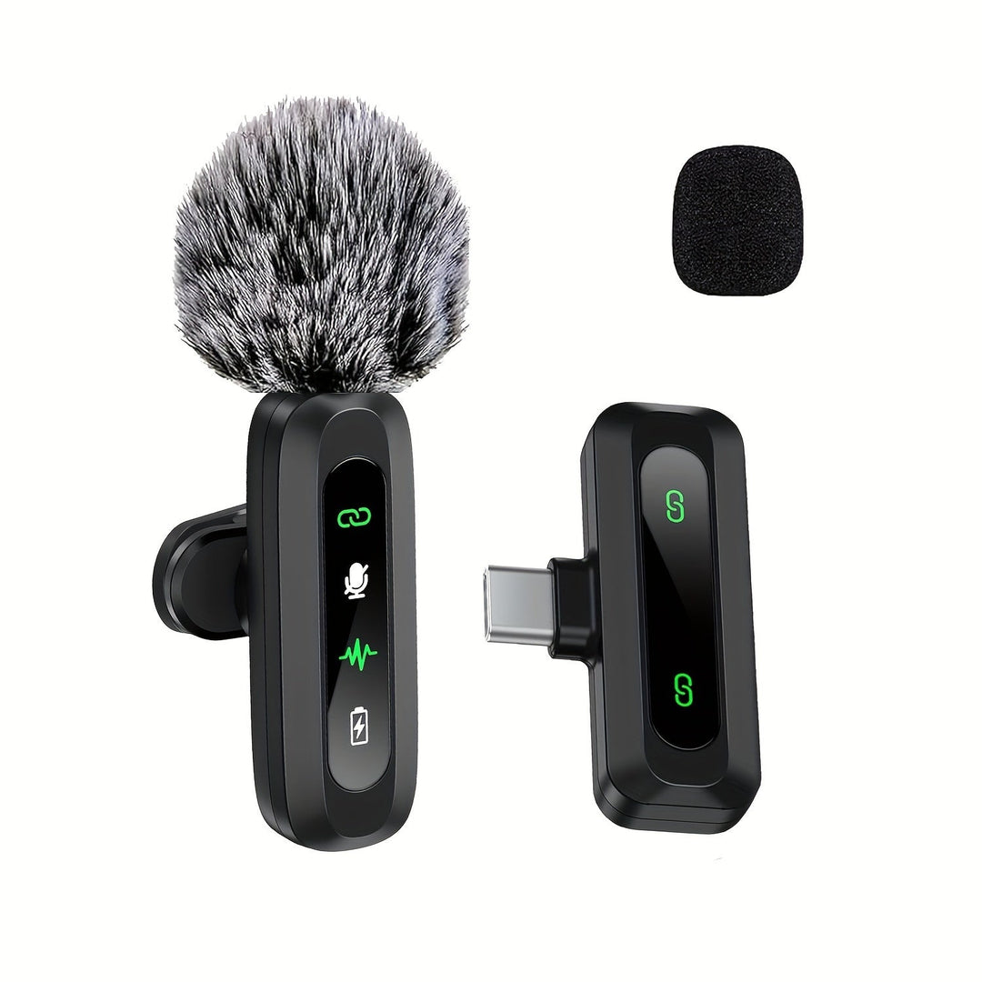 Micrófono inalámbrico con clip para smartphone. Ideal para grabación de audio profesional y creadores de contenido.