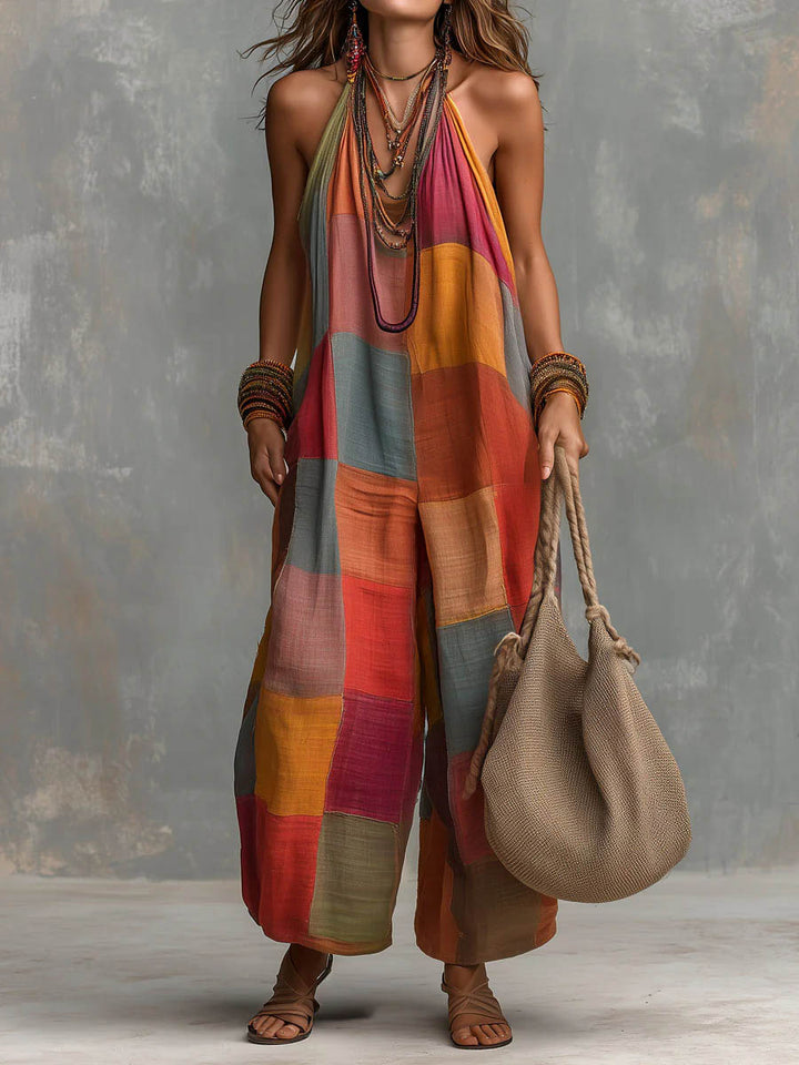 Mono patchwork bohemio de mujer en algodón y lino, perfecto para verano casual.