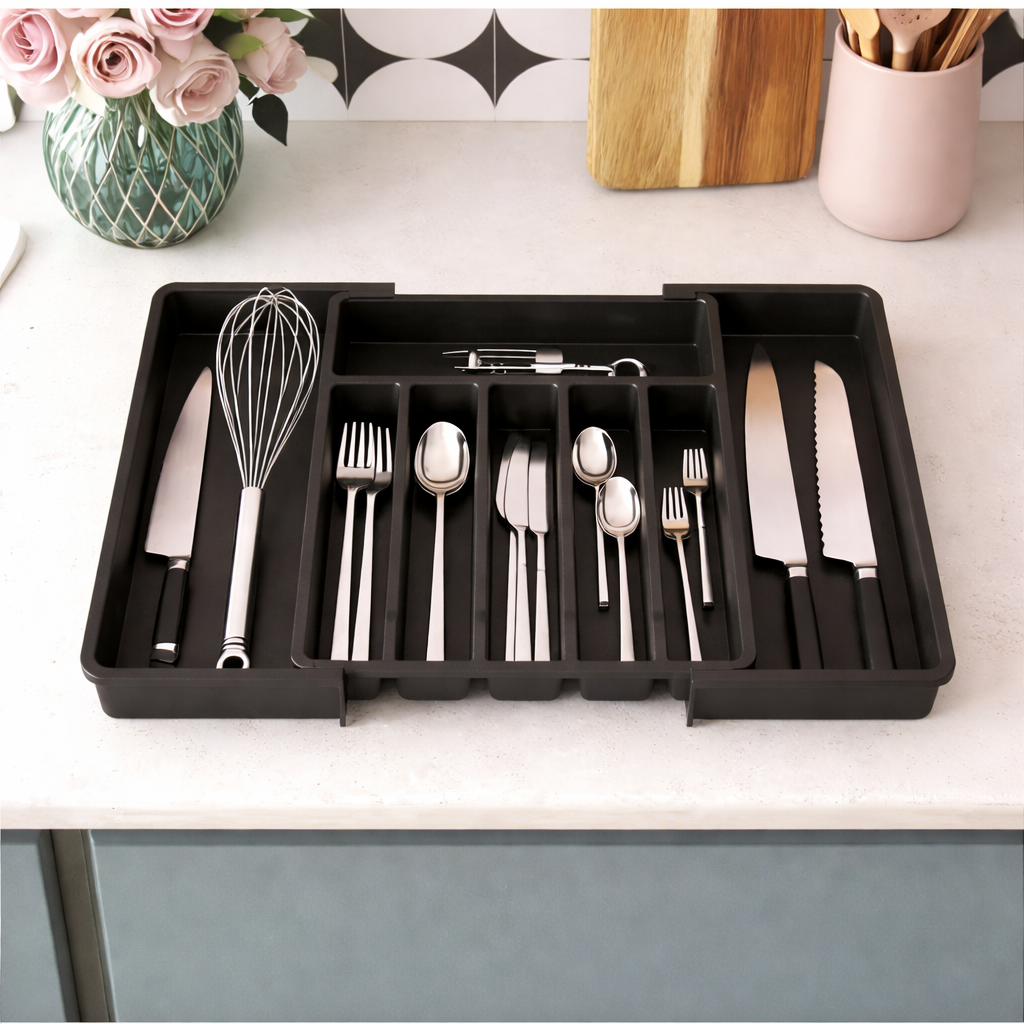 Organizador de cajón extensible para cocina u oficina, ajustable para optimizar almacenamiento y orden.
