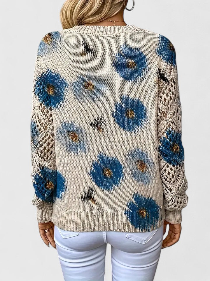 Jersey de mujer con cuello en V. Estilo floral, cómodo y versátil para otoño e invierno.