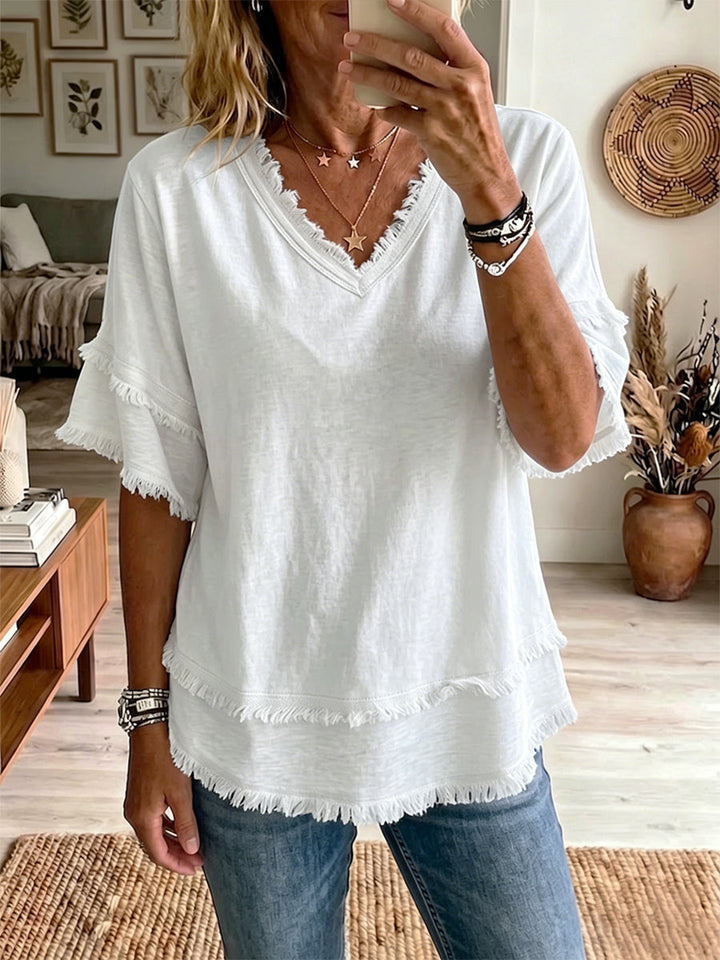 Top de verano para mujer, escote en V, ideal para la playa. Prenda casual ligera y versátil para días cálidos.