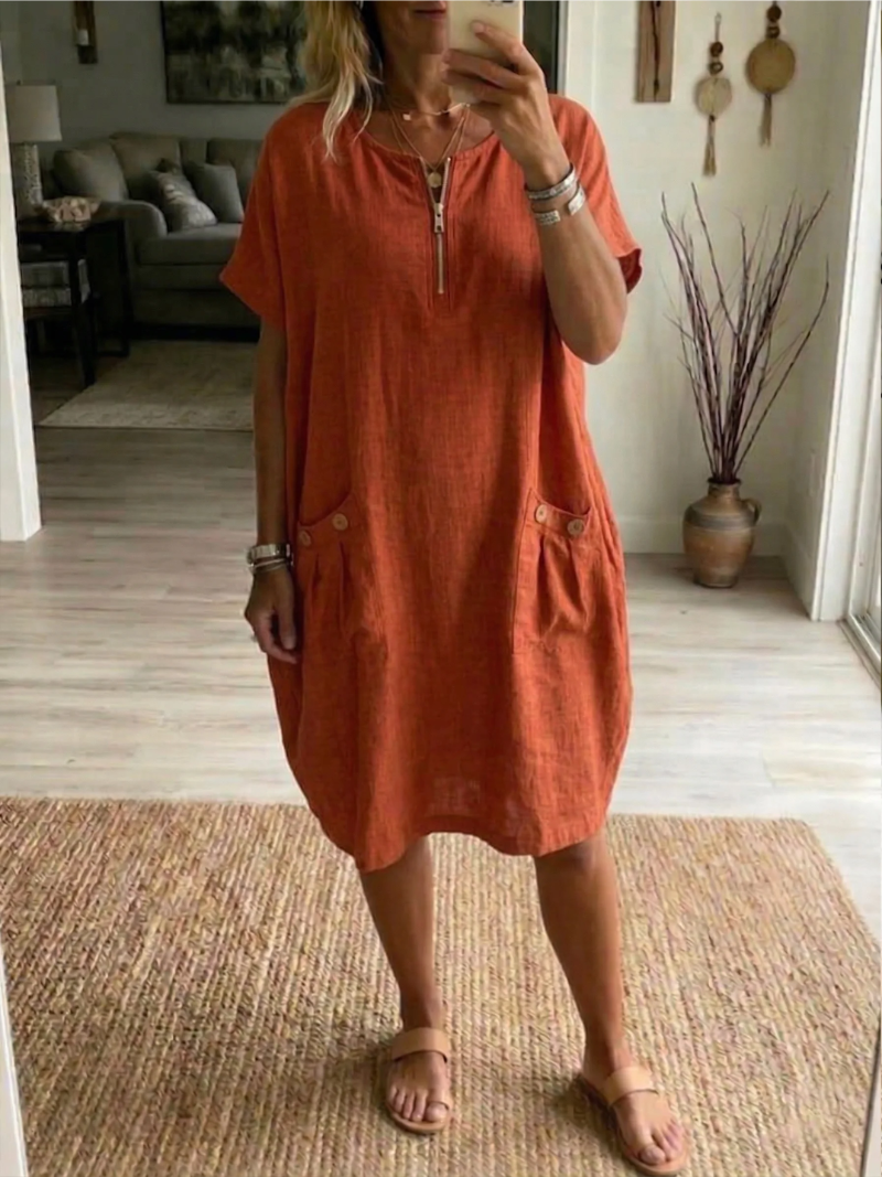 Vestido casual de mujer, holgado y cómodo para el día a día. Estilo veraniego y fresco con cremallera.