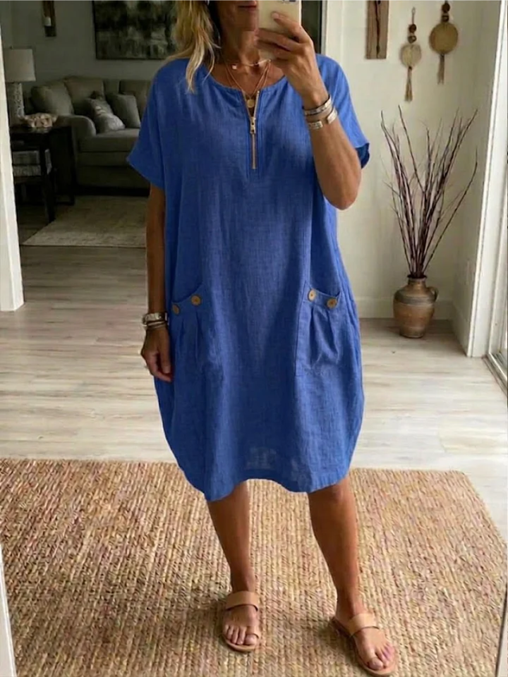 Vestido casual de mujer holgado con cremallera, ideal para verano. Comodidad y estilo diario.