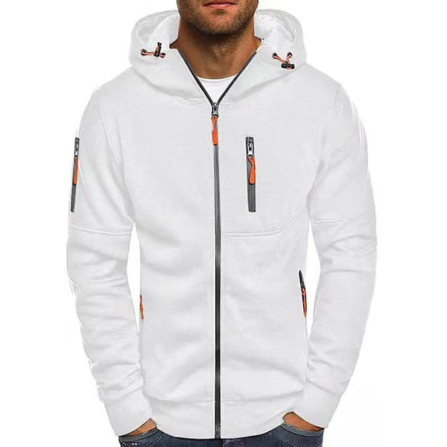 Chaqueta cortavientos de hombre con capucha y bolsillos, estilo moderno y casual para entretiempo.