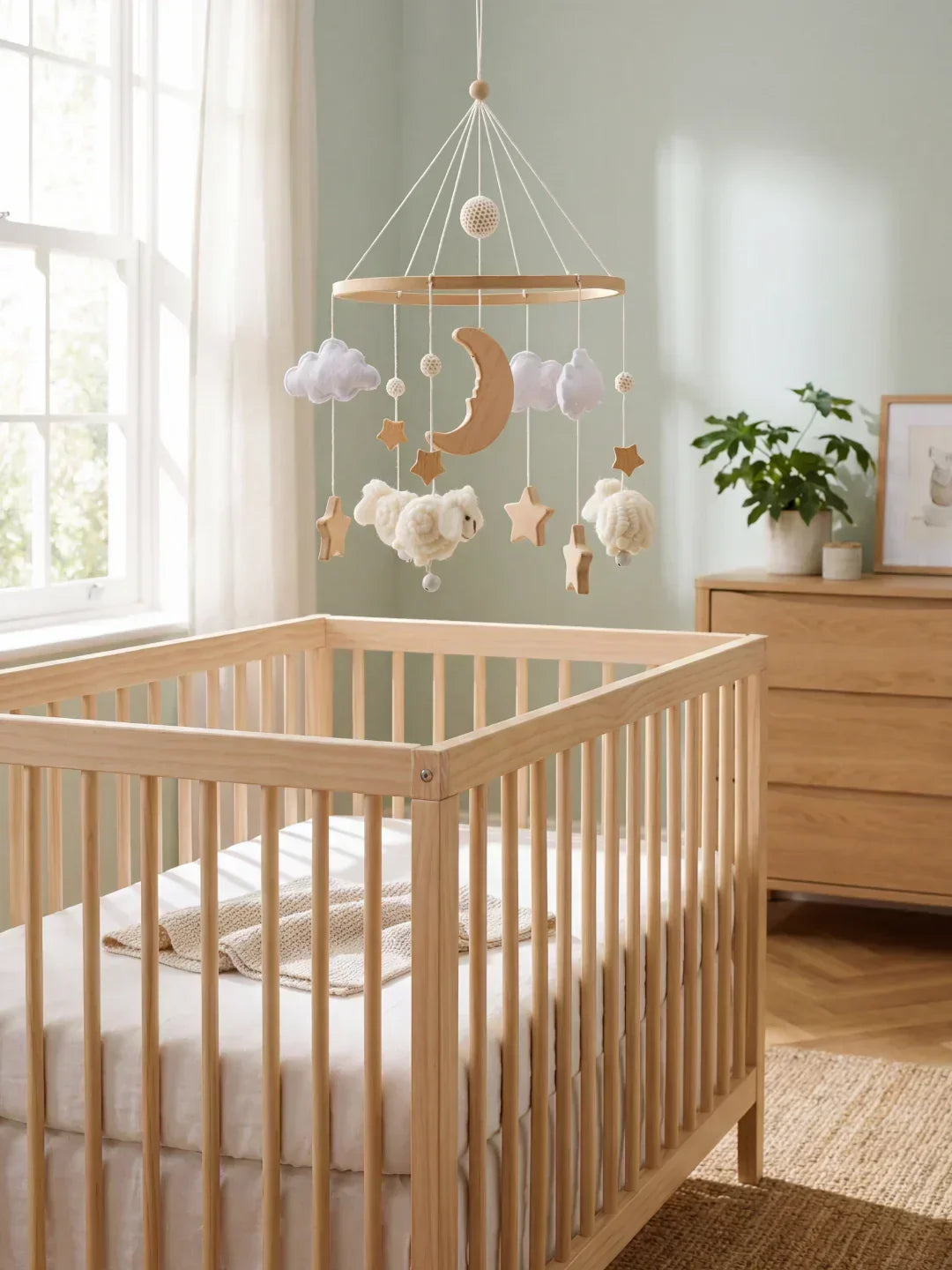 Móvil de cuna de madera con ovejas, diseño minimalista y natural para cualquier dormitorio de bebé.