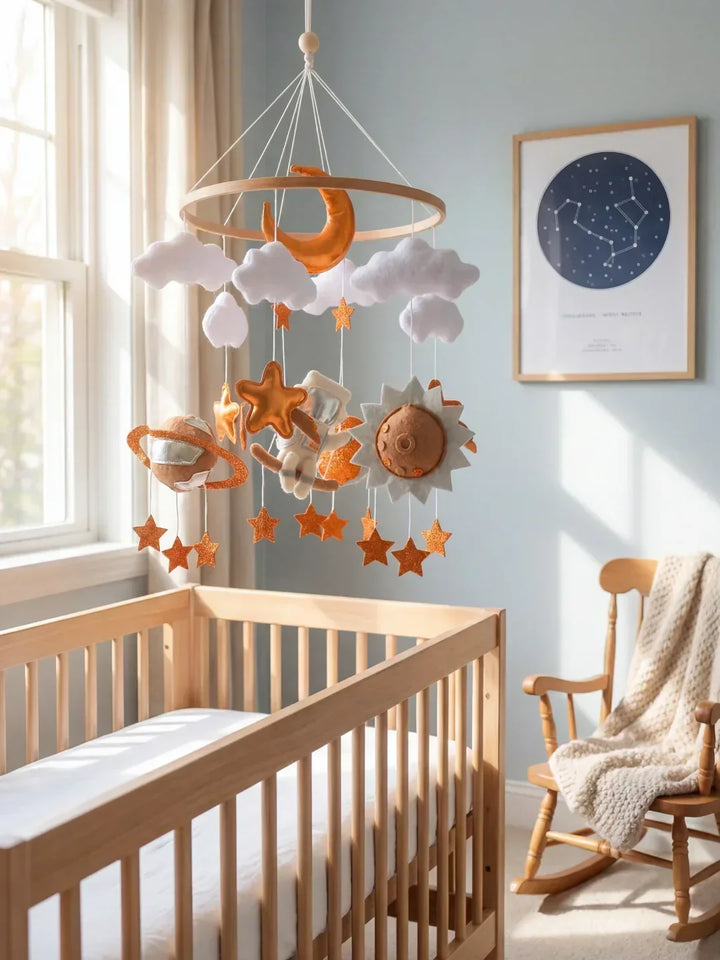 Decoración infantil con móvil de cuna de madera, estilo Montessori.