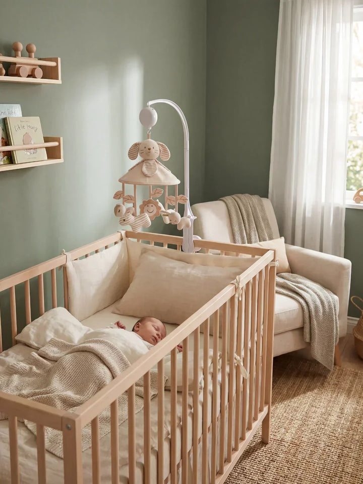 Brazo soporte de madera para móvil de cuna, firme y seguro, compatible con móviles musicales.
