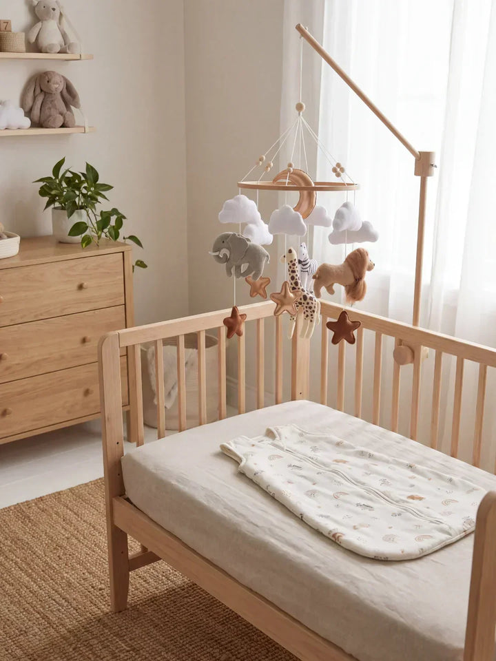 Móvil de madera artesanal para bebé, estimula los sentidos y la motricidad.