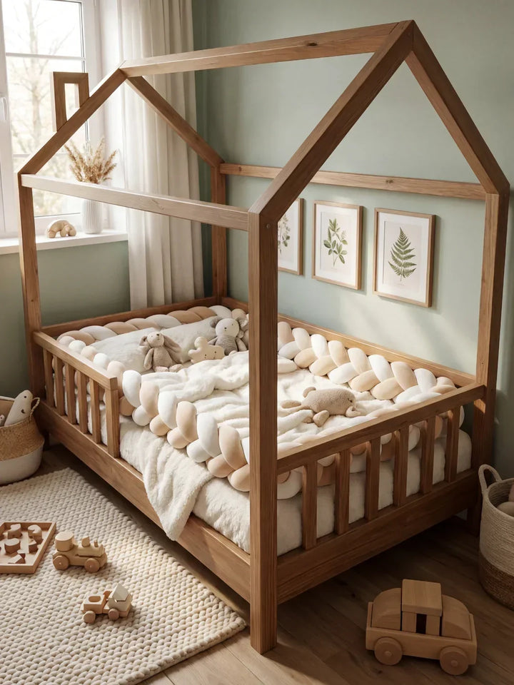 Diseño bicolor moderno y trenzado para protector de cuna, acolchado premium que decora y protege la cuna del bebé.