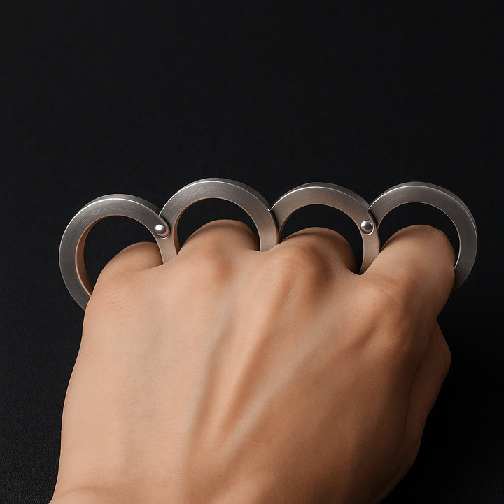 Anillo de defensa personal de acero inoxidable desplegado, listo para seguridad.